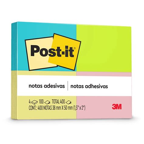 Bloco De Notas Adesivas Post It 4 Cores Neon 4 Blocos De 38x50mm 100