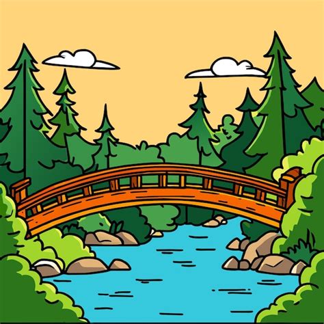 Puente De Piedra Sobre El R O En La Ilustraci N Vectorial Del Bosque En