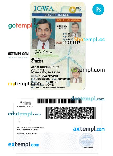 USA Iowa State Vertical Driving License Editable PSD Template Under 21