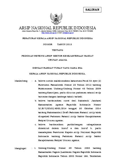 Peraturan Kepala Arsip Nasional Republik Indonesia Nomor Tahun