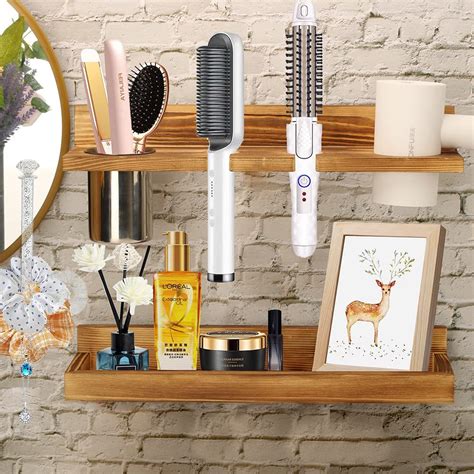 2 Layer Hair Tool Organizer Wall Mount Shelves Rustic Blow Dryer Holder Wooden Storage Shelf