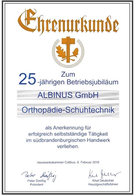 Albinus Urkunde Firmenbestehen Albinus Gesunde Schuhe