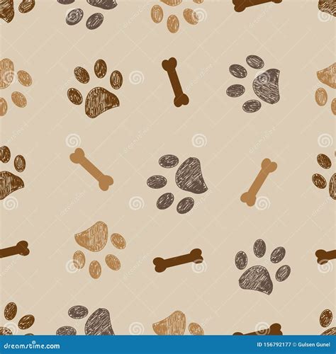 Seamless Pattern For Textile Design Brown Doodle Paw Print And Bones