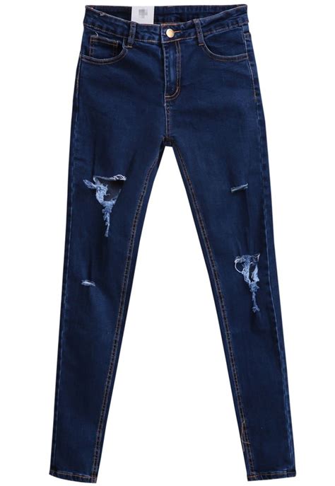 Shop Blue Pockets Cut Ripped Denim Pant Online SheIn Offers Blue