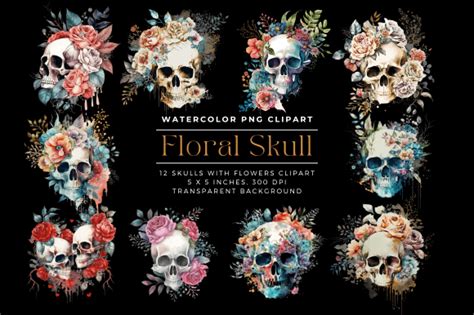 Watercolor Floral Skull Clipart Graphic By Cecily Arts · Creative Fabrica