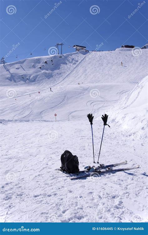 Skis, Ski Poles, Backpack and Ski Lifts in Solden, Austria Stock Image ...