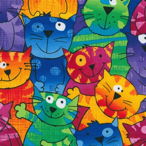 Cat Fabric Timeless Treasures Kids Colorful Happy Cats Packed Etsy