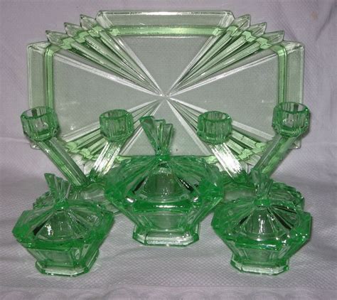 Uranium Trinket Set In Bedford Pattern By Bagley Glass Vintage Green Glass Vintage Glassware