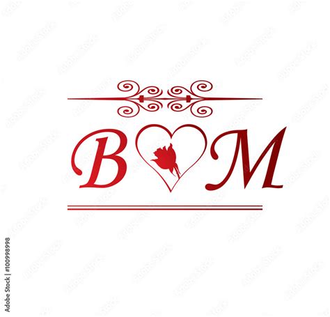 Bm Love Initial With Red Heart And Rose Stock Vector Adobe Stock