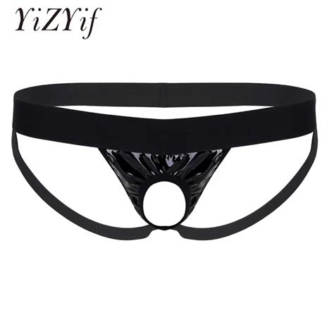 YiZYiF Crotchless Gay Men Underwear Jockstrap Thongs Men Shiny Faux