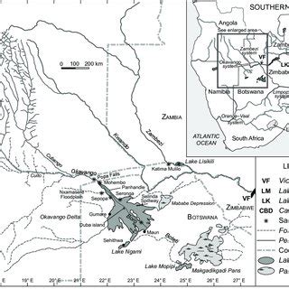 Map of the Okavango River system, southern Africa, and of the Okavango ...