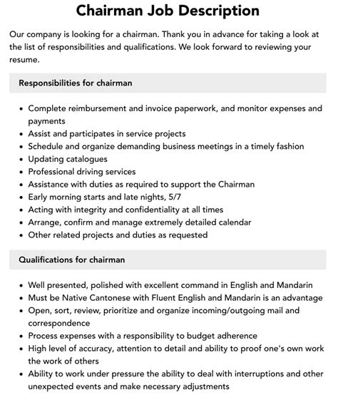 Chairman Job Description | Velvet Jobs