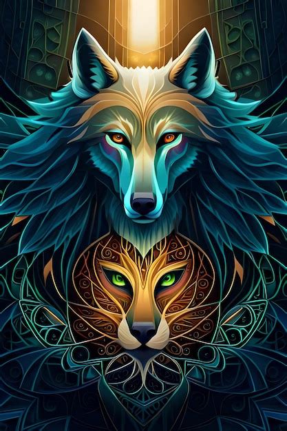 Premium AI Image | A blue wolf and a green cat with a blue head and a ...