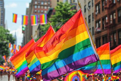 Vibrant Rainbow Flags Waving Proudly At Lgbtq Pride Parade In New York City United States Stock