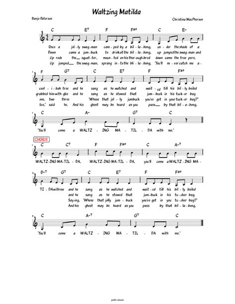 Waltzing Matilda Lead Sheet With Full Lyrics Sheet Music For Piano Solo Easy