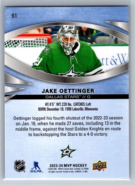 Jake Oettinger Upper Deck Mvp Hockey Dallas Stars Ebay