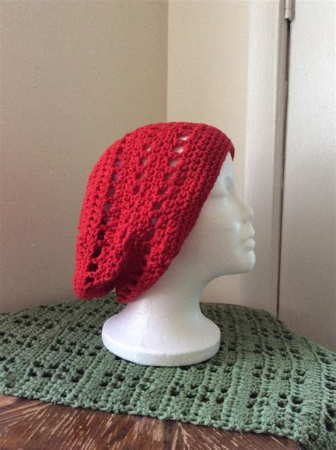 Red cotton slouchy hat by Flossymaycrochet on Etsy