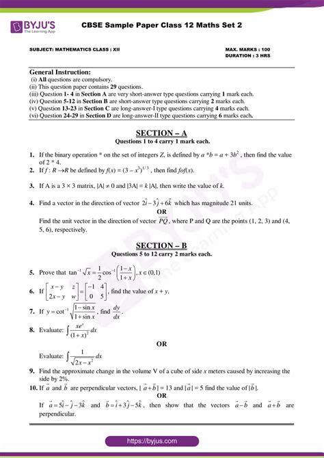 Cbse Class 12 Maths Sample Paper Set 2 Get Pdf