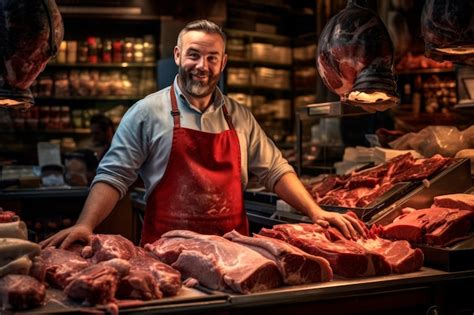 Un carnicero en una carnicería tradicional cortando y preparando con