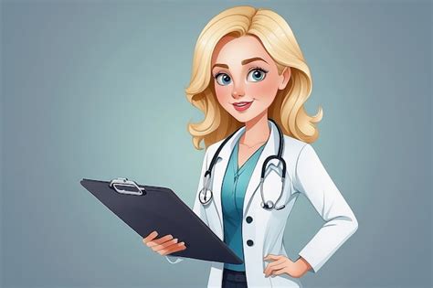 Illustration Of A Blonde Girl Doctor Holding A Clipboard Presenting Something Premium AI