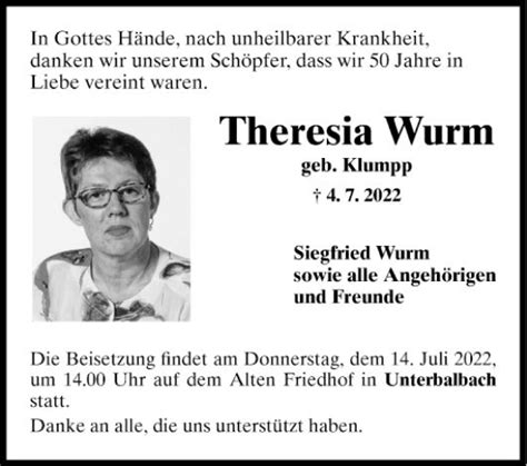 Traueranzeigen Von Theresia Wurm Trauerportal Ihrer Tageszeitung