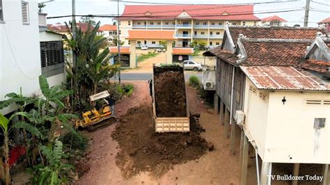 Incredible Start Project Land Fill Up By Bulldozer Pour Soil Into The