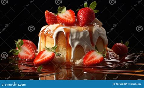 Delicious Flan With Whipped Cream And Sliced Strawberries Stock