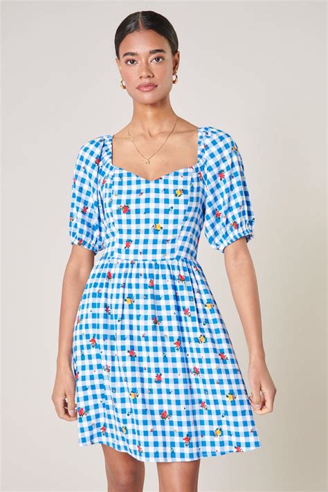 Sugarlips Dorothy Rosebud Gingham Puff Sleeve Mini Dress In Blue Lyst