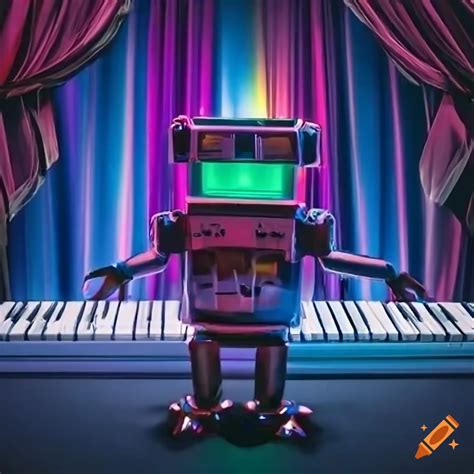 Colorful robot playing piano synth on stage
