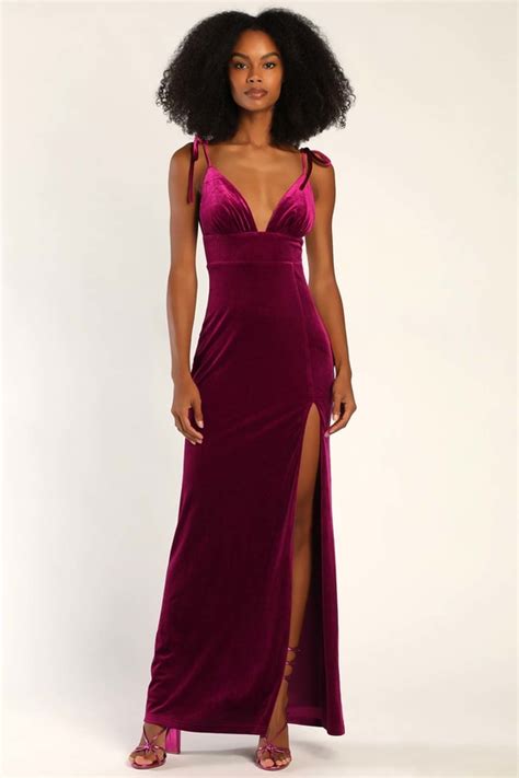 Berry Pink Maxi Dress Tie Strap Dress Slit Velvet Maxi Dress Lulus