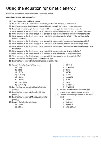 Kinetic Energy Practice Questions And Answers Teaching Resources