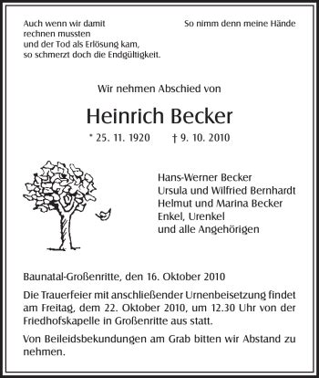 Traueranzeigen Von Heinrich Becker Trauer HNA De