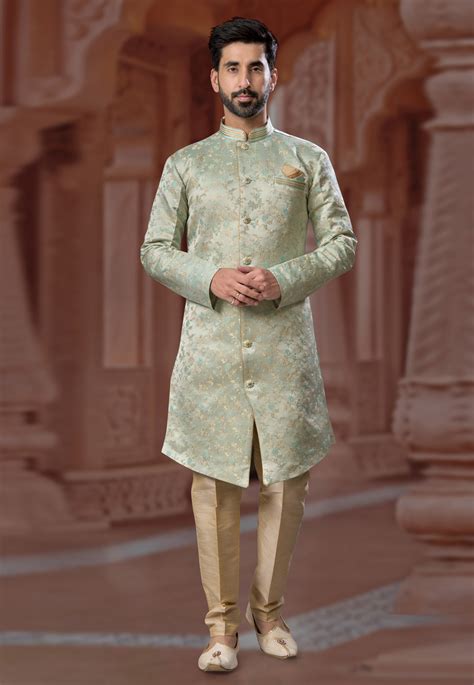 Pista Green Banarasi Jacquard Indo Western Sherwani 282245