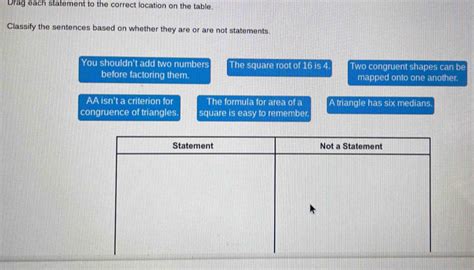 Drag Each Statement To The Correct Location On The Table Classify The