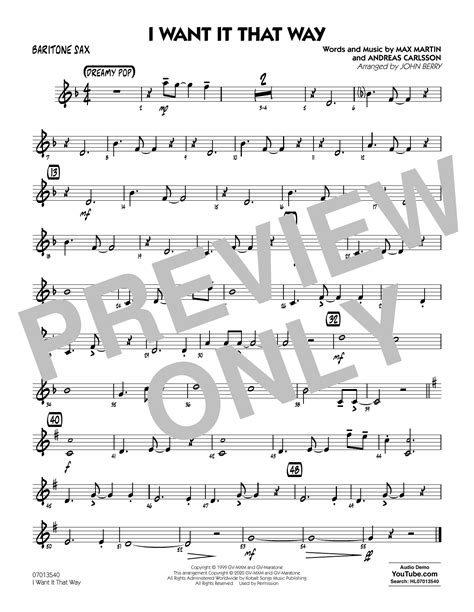 I Want It That Way Arr John Berry Baritone Sax Sheet Music Backstreet Boys Jazz Ensemble