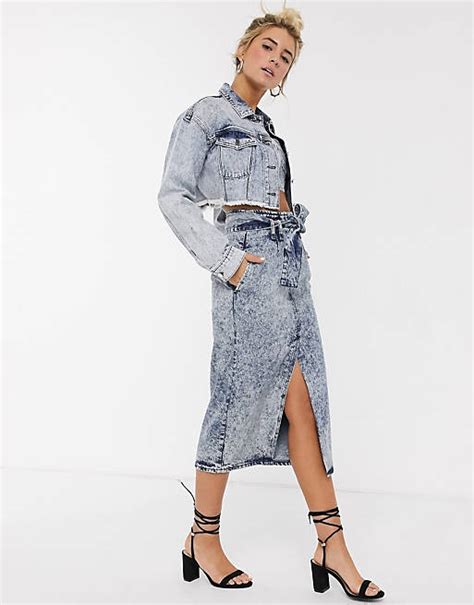 Asos Design Denim Acid Wash Midi Skirt Asos