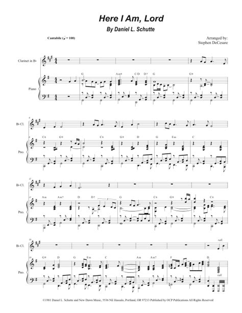 Here I Am Lord Sheet Music Daniel L Schutte Clarinet And Piano