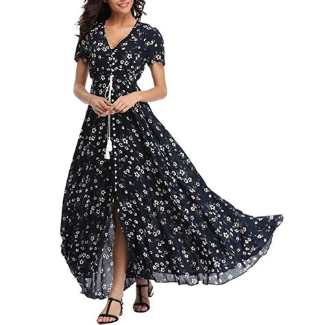 VintageClothing Women S Floral Maxi Dresses Boho Button Up Split Summer