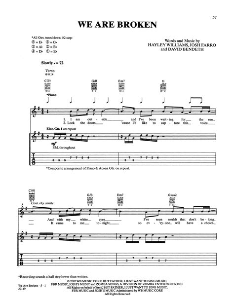 We Are Broken Sheet Music Paramore Guitar Tab