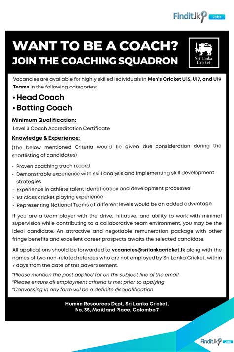 Sri Lanka Cricket Vacancies 2024 Head Coach Batting Coach