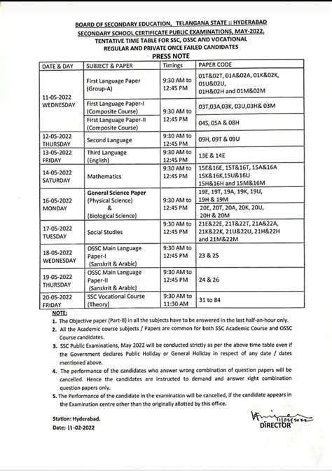 Telangana Ssc Exam Time Table 2025 10th Class Pdf Download