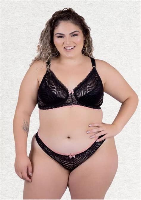 Comprar Conjunto sem Bojo Lingerie Plus Size Calcinha e Sutiã em renda