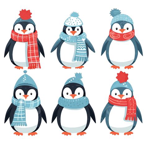 Christmas Penguins Cute Holiday Winter Penguins Wearing Hat And Scarf Isolated Vector Set