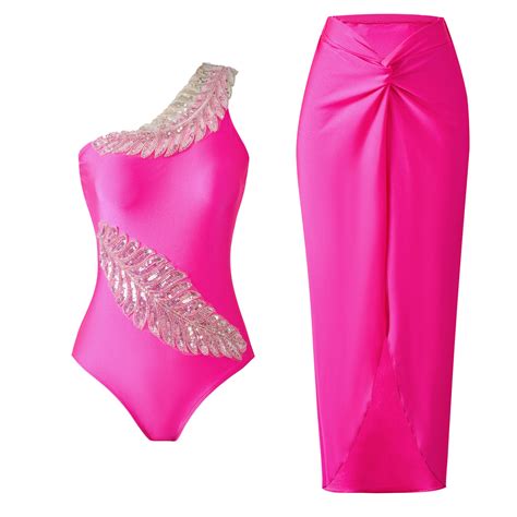 Utsjkr One Shoulder Leaf Sequin Embroidery One Piece Swimsuit And Sarong One Piece Bikini Set