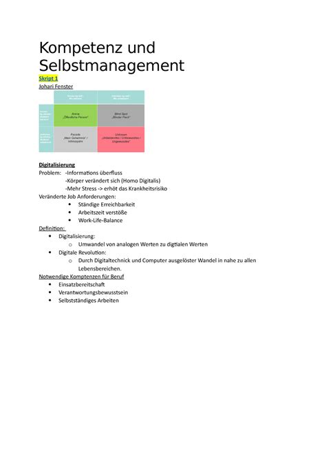 Kompetenz Und Selbstmanagement Lernzettel Kompetenz Und