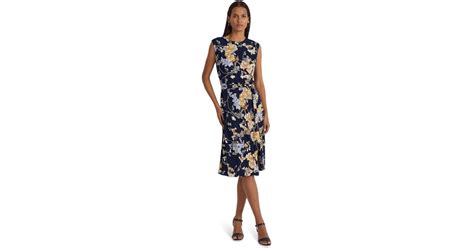 Lauren By Ralph Lauren Floral Belted Bubble Crepe Dress In Blue Lyst