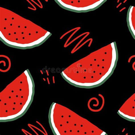 Watermelon Slices And Doodles Vector Seamless Pattern Hand Drawn Stock