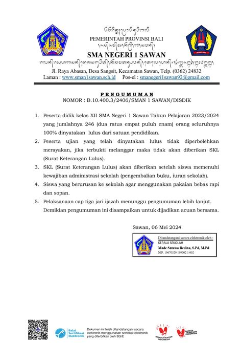 Pengumuman Kelulusan Siswa Kelas Xii Tahun Sma Negeri Sawan