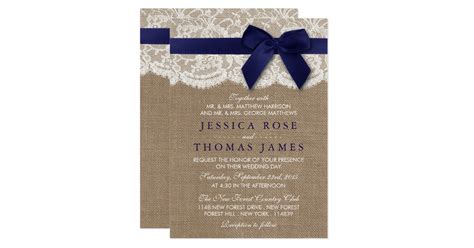 Burlap Lace Ribbon And Bow Rustic Wedding Navy Invitation