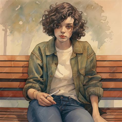 Premium AI Image | a painting of a girl sitting on a bench with a knife ...